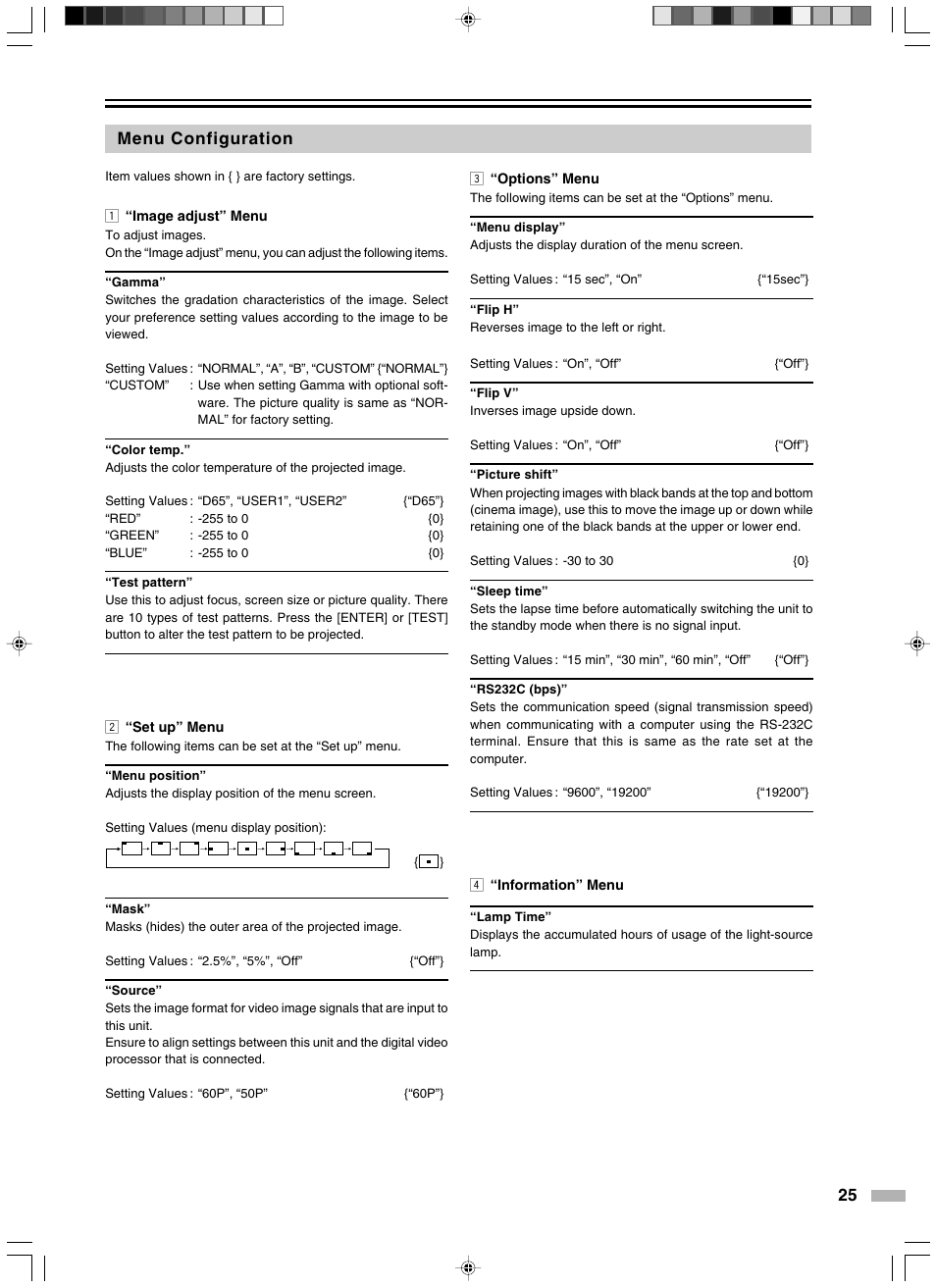 Menu configuration | Meridian Audio D-ILA 1080MF2 User Manual | Page 25 / 40