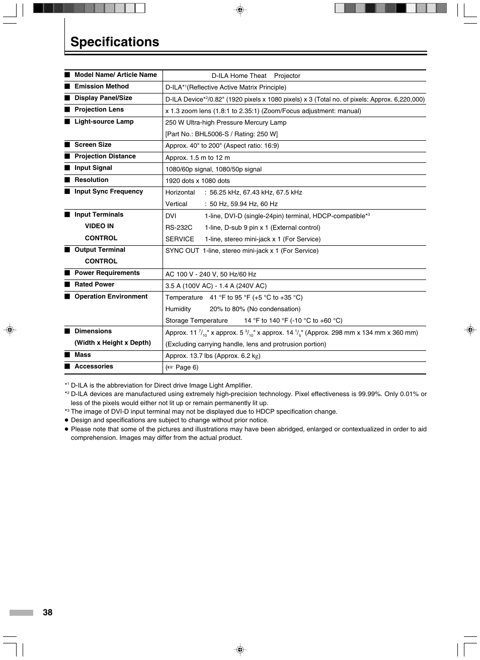 Specifications | Meridian Audio D-ILA 1080MF2 User Manual | Page 38 / 40