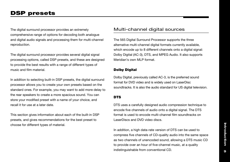 Dsp presets, Ac-3 encoding, Dolby digital | Digital dsp preset, Dolby digital dsp preset, Dolby digital encoding, Dts dsp preset, Dts encoding, Multi-channel digital formats, Multi-channel digital sources | Meridian Audio 565 User Manual | Page 13 / 58