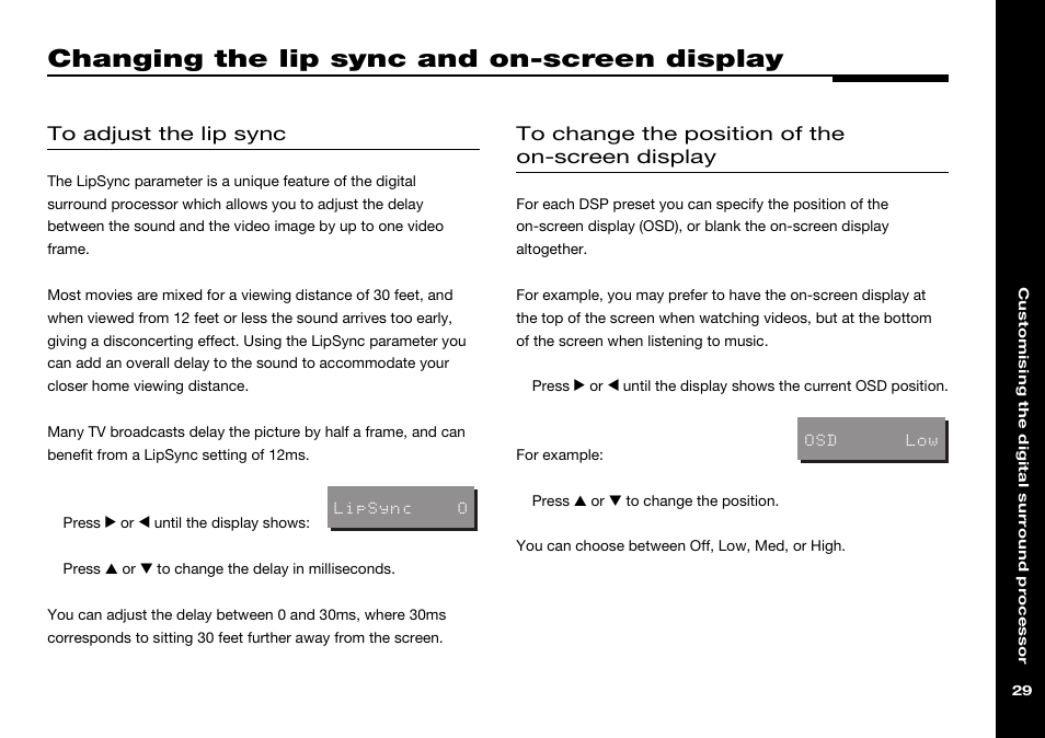 Changing the lip sync and on-screen display, Lip sync, changing, Changing position | Changing the lip sync and on-screen, Display | Meridian Audio 565 User Manual | Page 33 / 58