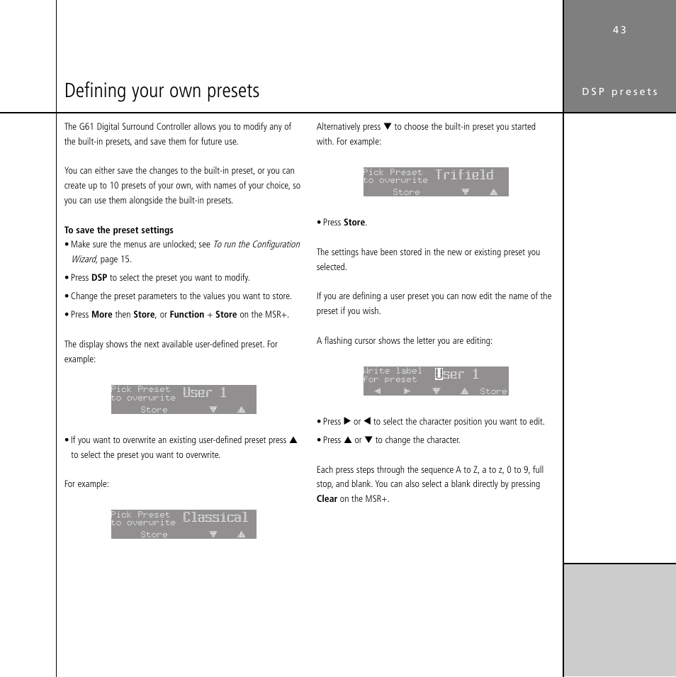 Defining your own presets, Built-in presets, replacing, User-defining | User-defined presets, Editing name, User 1, Classical, Trifield, U ser 1 | Meridian Audio Digital Surround Controller G61 User Manual | Page 48 / 59