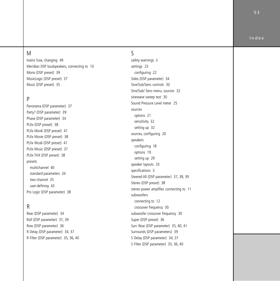 Presets, Sources, Speakers | Subwoofers | Meridian Audio Digital Surround Controller G61 User Manual | Page 58 / 59