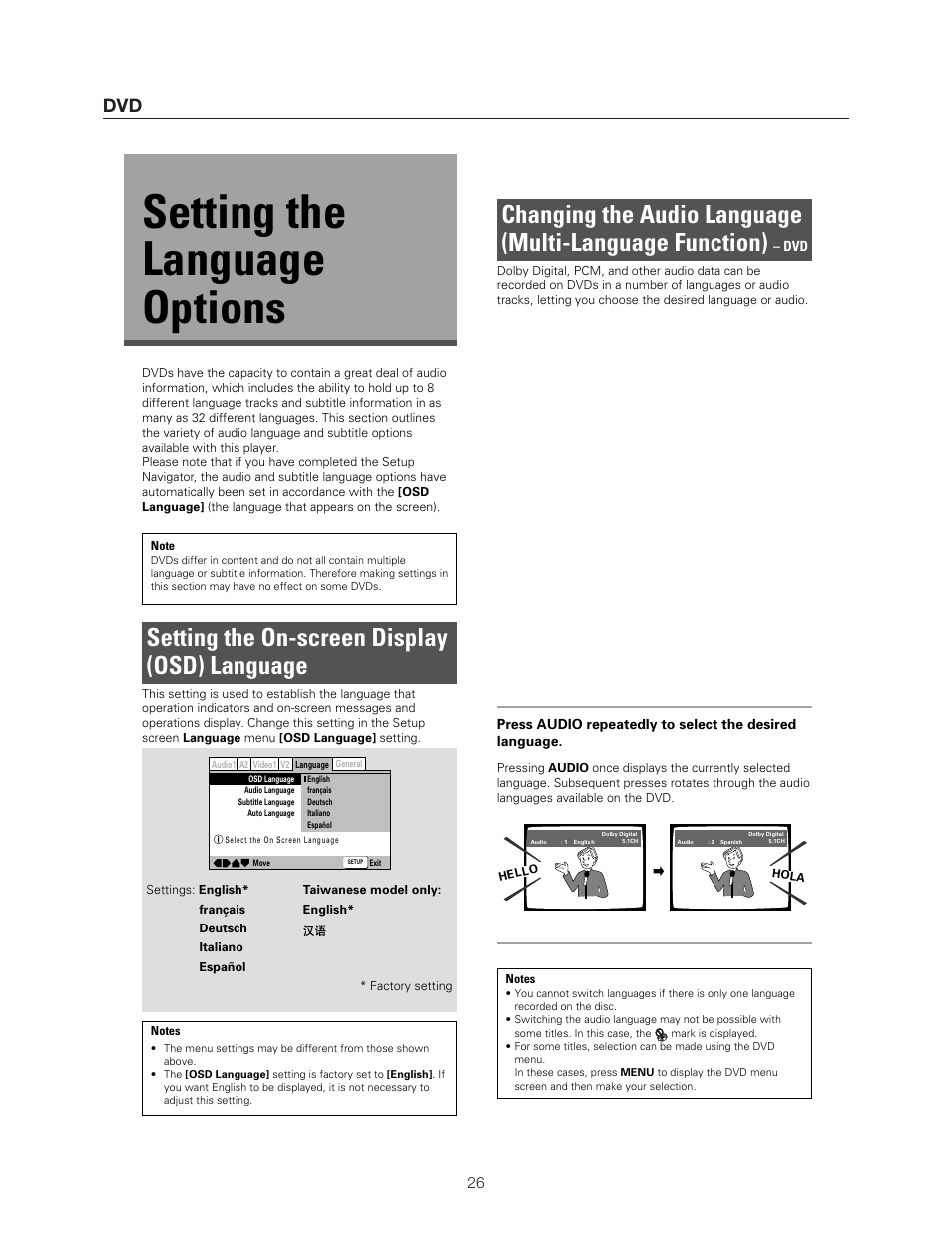 Setting the language options, Setting the on-screen display (osd) language | Meridian Audio DVP1500 User Manual | Page 30 / 52