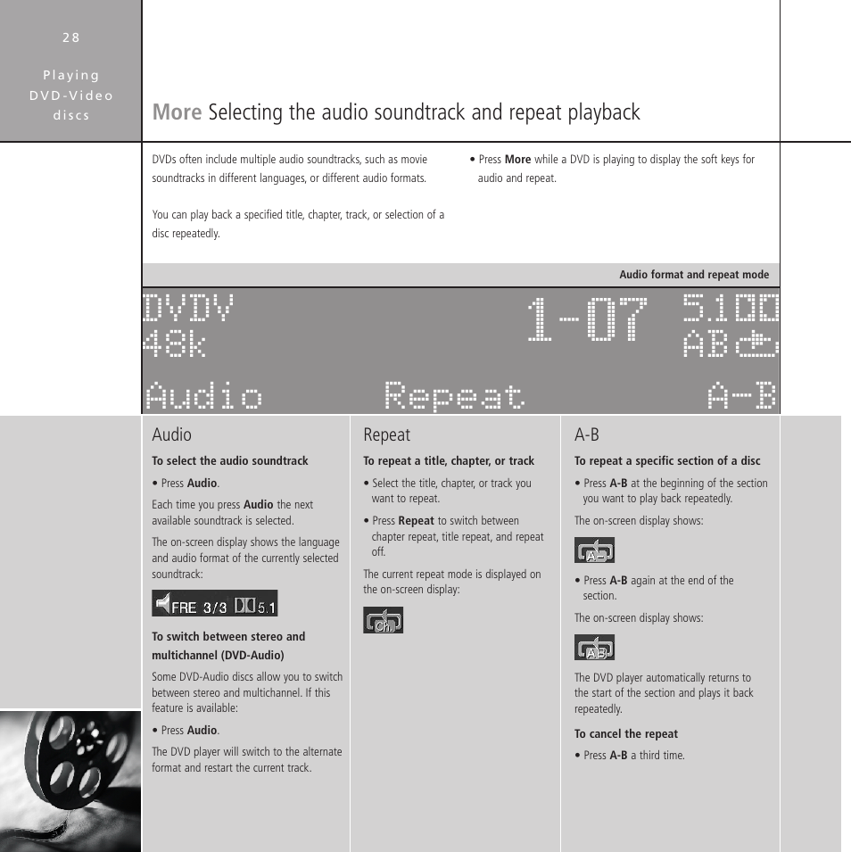 Multichannel, Stereo, A-b repeat | Changing the audio soundtrack, Repeating a title, chapter or track, More, Selecting the audio soundtrack and repeat, Repeat a-b audio dvdv 48k 5æ£§ ab | Meridian Audio Stereo System User Manual | Page 33 / 50