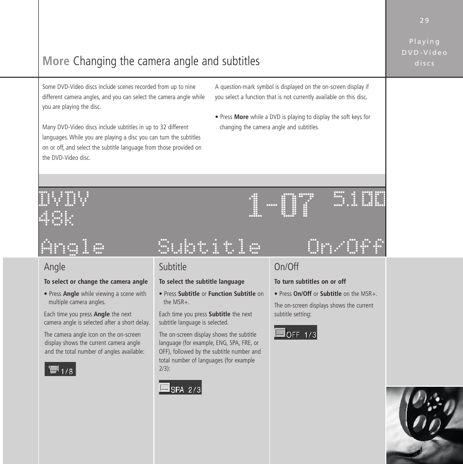 More changing the camera angle and subtitles, Changing the camera angle, More | Changing the camera angle and subtitles, Subtitle on/off angle dvdv 48k 5æ | Meridian Audio Stereo System User Manual | Page 34 / 50