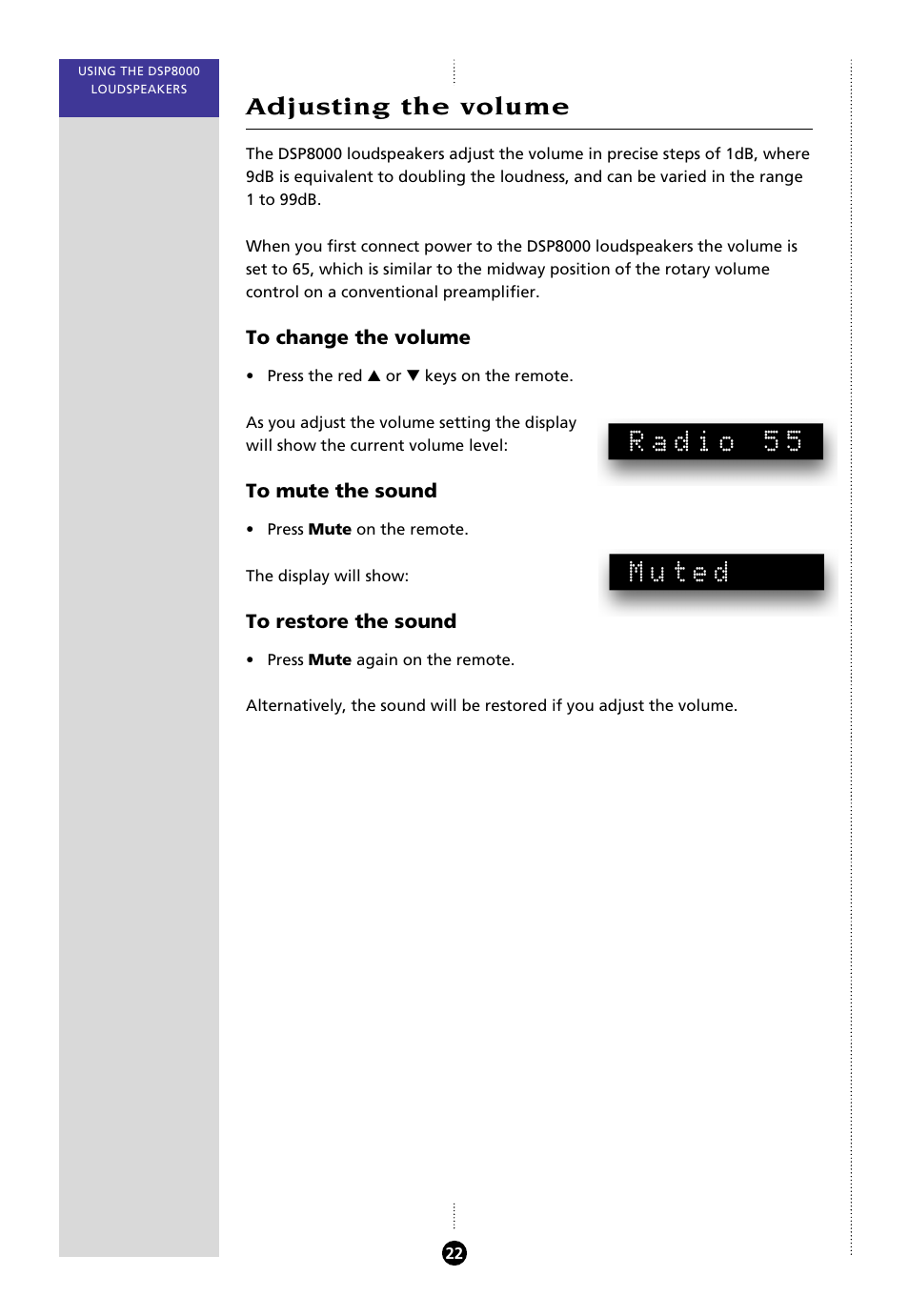Adjusting the volume, Muting the sound, Volume | Adjusting, Muting, Radio 55, Muted | Meridian Audio 8000 User Manual | Page 27 / 45