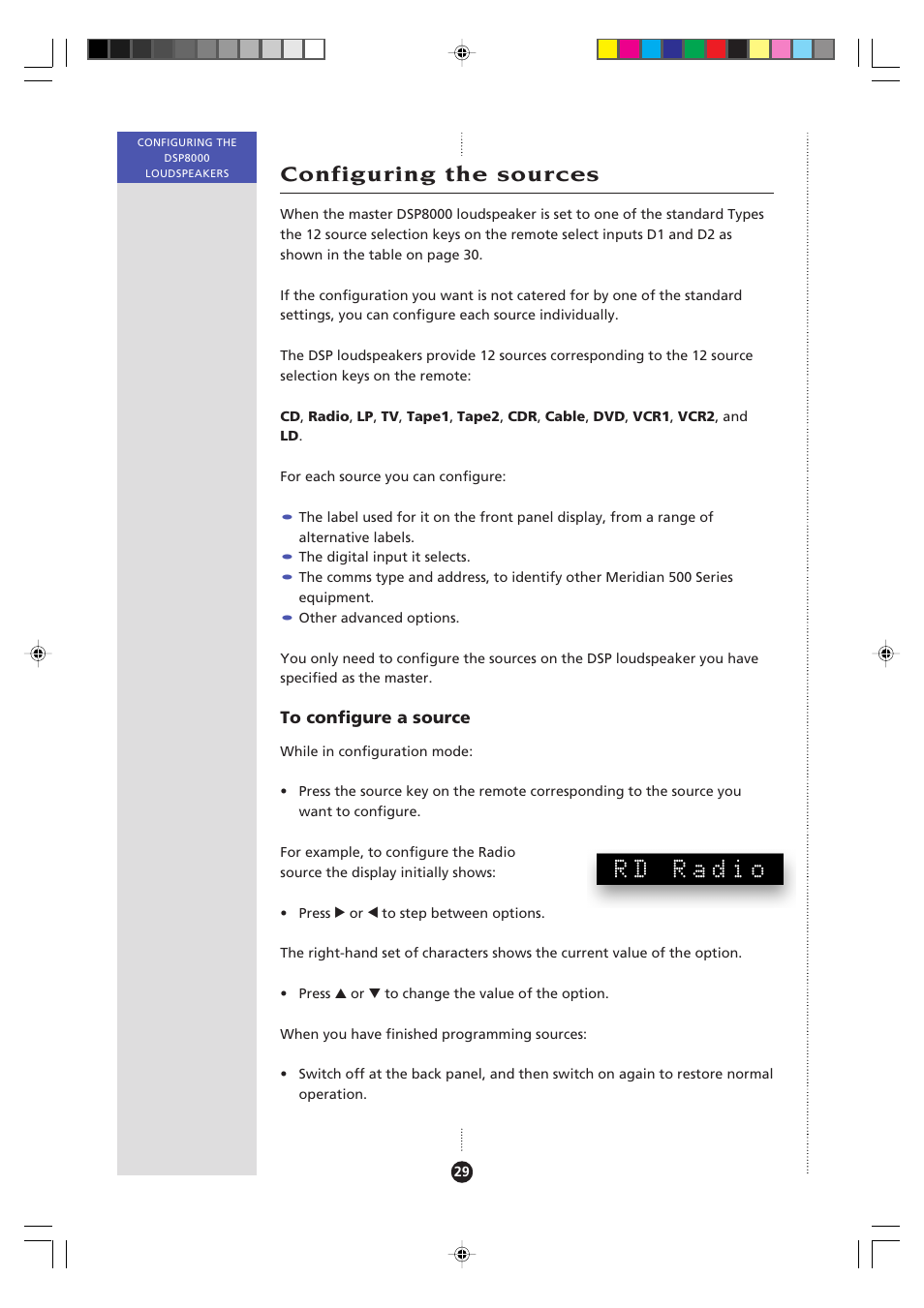 Configuring the sources, Configuring sources, Configuring | Rd radio | Meridian Audio 8000 User Manual | Page 34 / 45