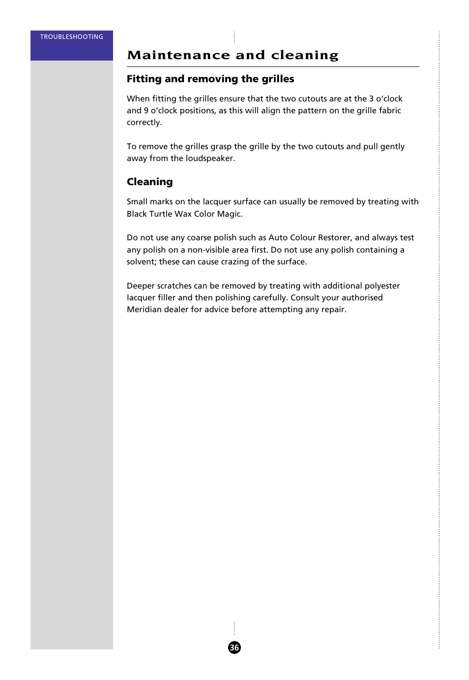 Maintenance and cleaning, Cleaning, Grilles, fitting and removing | Polishing, Maintenance | Meridian Audio 8000 User Manual | Page 41 / 45