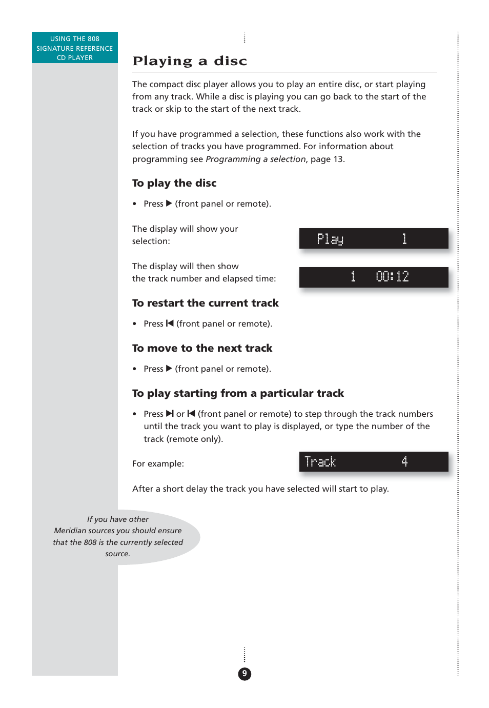 Playing a disc, From a particular track, Restarting the current track | Tracks, Playing from a particular track, Play l, Track 4 | Meridian Audio 808 User Manual | Page 14 / 43