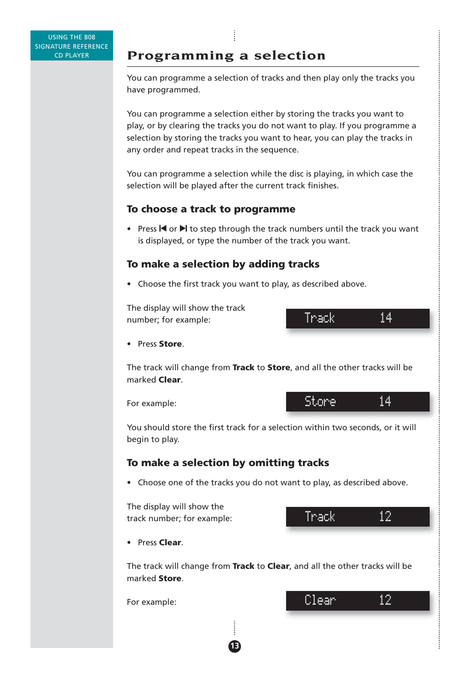 Programming a selection, Programming, Specifying tracks not to play | Track 14, Store 14, Track 12, Clear 12 | Meridian Audio 808 User Manual | Page 18 / 43