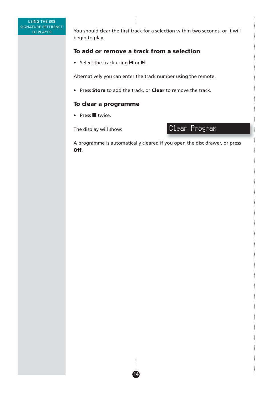 Clearing, Adding a track, Clear program | Meridian Audio 808 User Manual | Page 19 / 43