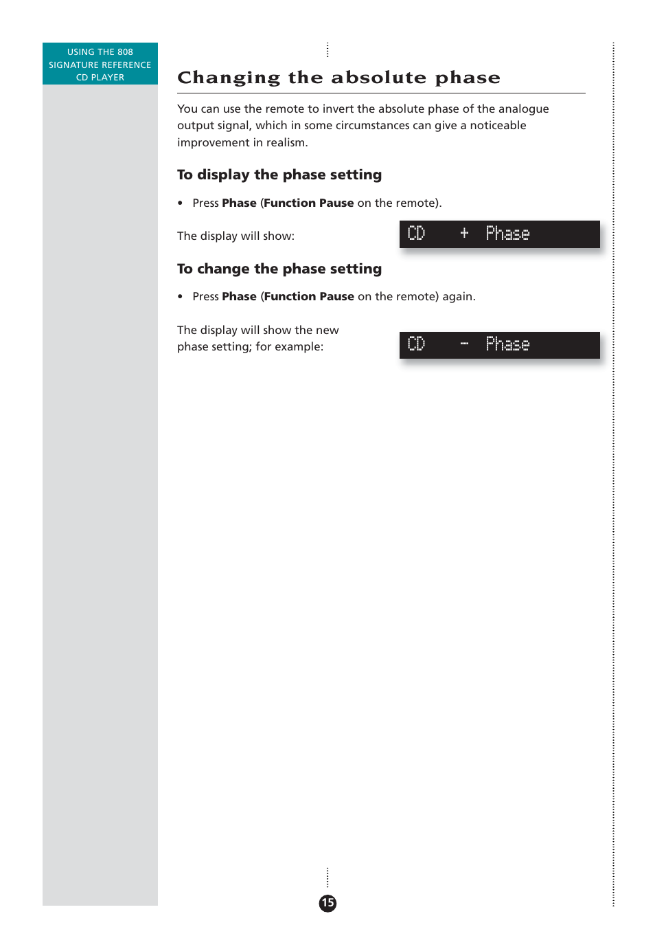 Changing the absolute phase, Absolute pahse, Changing | Reviewing, Cd + phase, Cd - phase | Meridian Audio 808 User Manual | Page 20 / 43