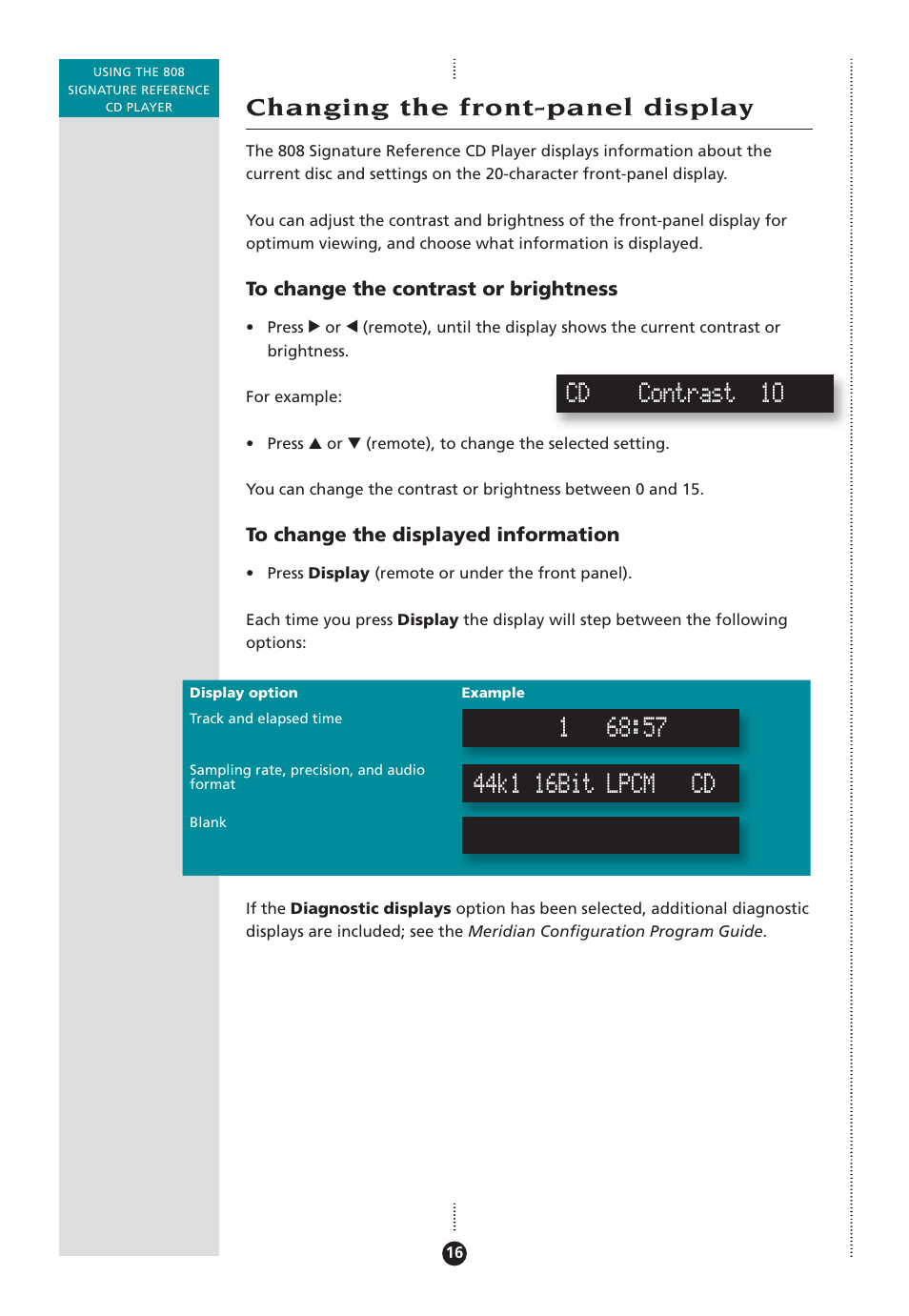Changing the front-panel display, Brightness, front-panel, Contrast, front-panel | Display, front-panel, Cd contrast 10 | Meridian Audio 808 User Manual | Page 21 / 43
