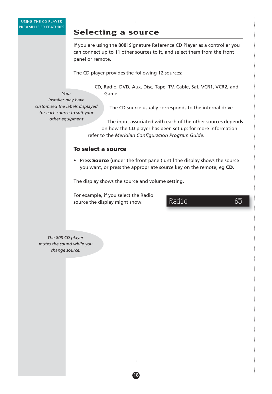 Selecting a source, Sources, Selecting | Radio 65 | Meridian Audio 808 User Manual | Page 23 / 43