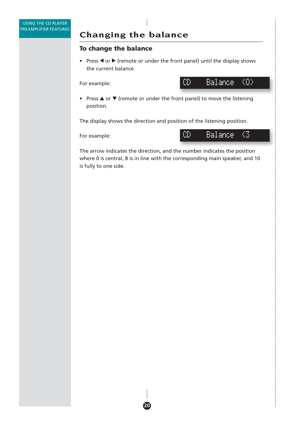 Changing the balance, Balance, changing, Cd balance <0 | Cd balance <3 | Meridian Audio 808 User Manual | Page 25 / 43