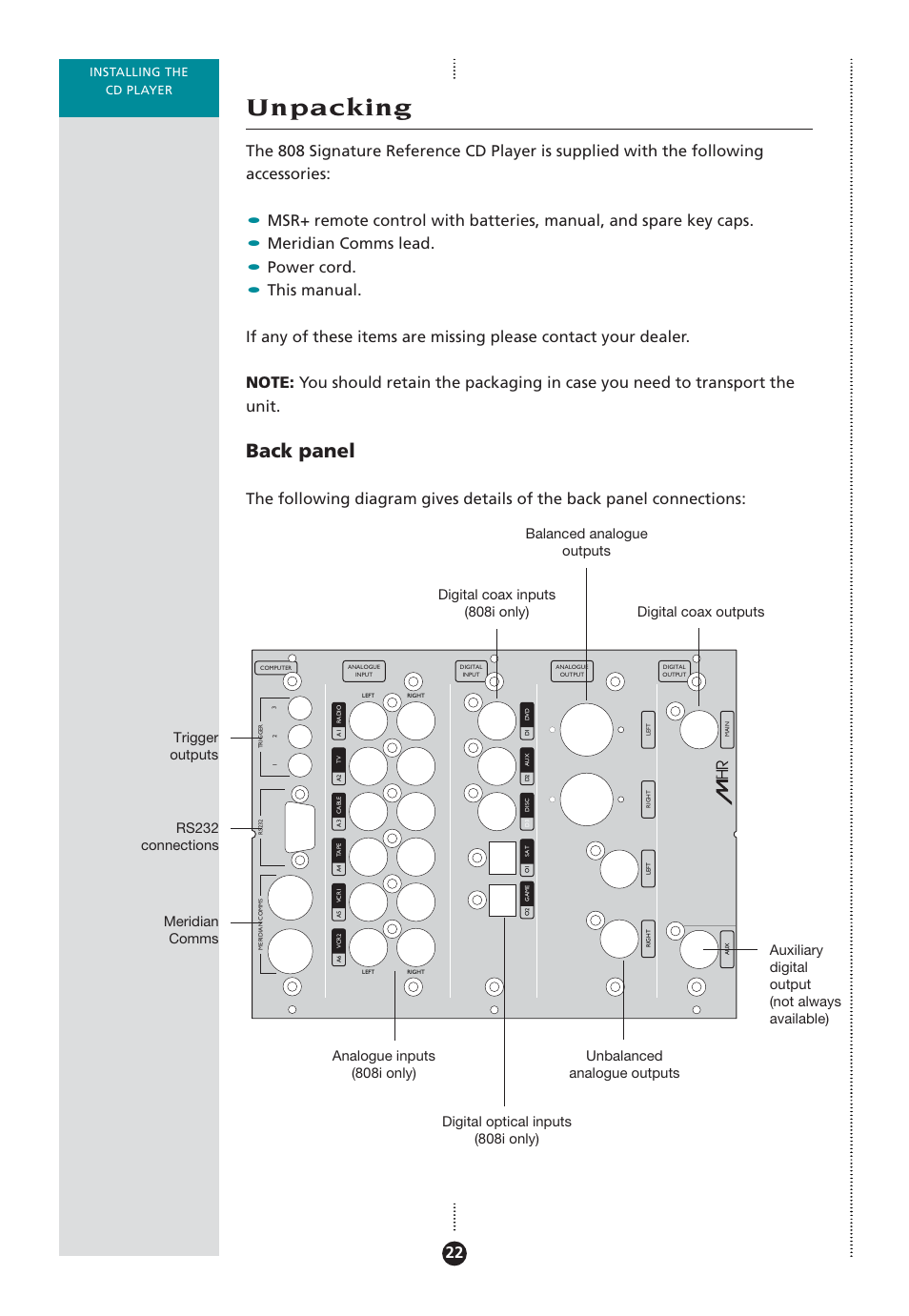Unpacking, Accessories, Auxilliary output | Back panel connection, Balanced, outputs, Unpacking 22, Back panel | Meridian Audio 808 User Manual | Page 27 / 43