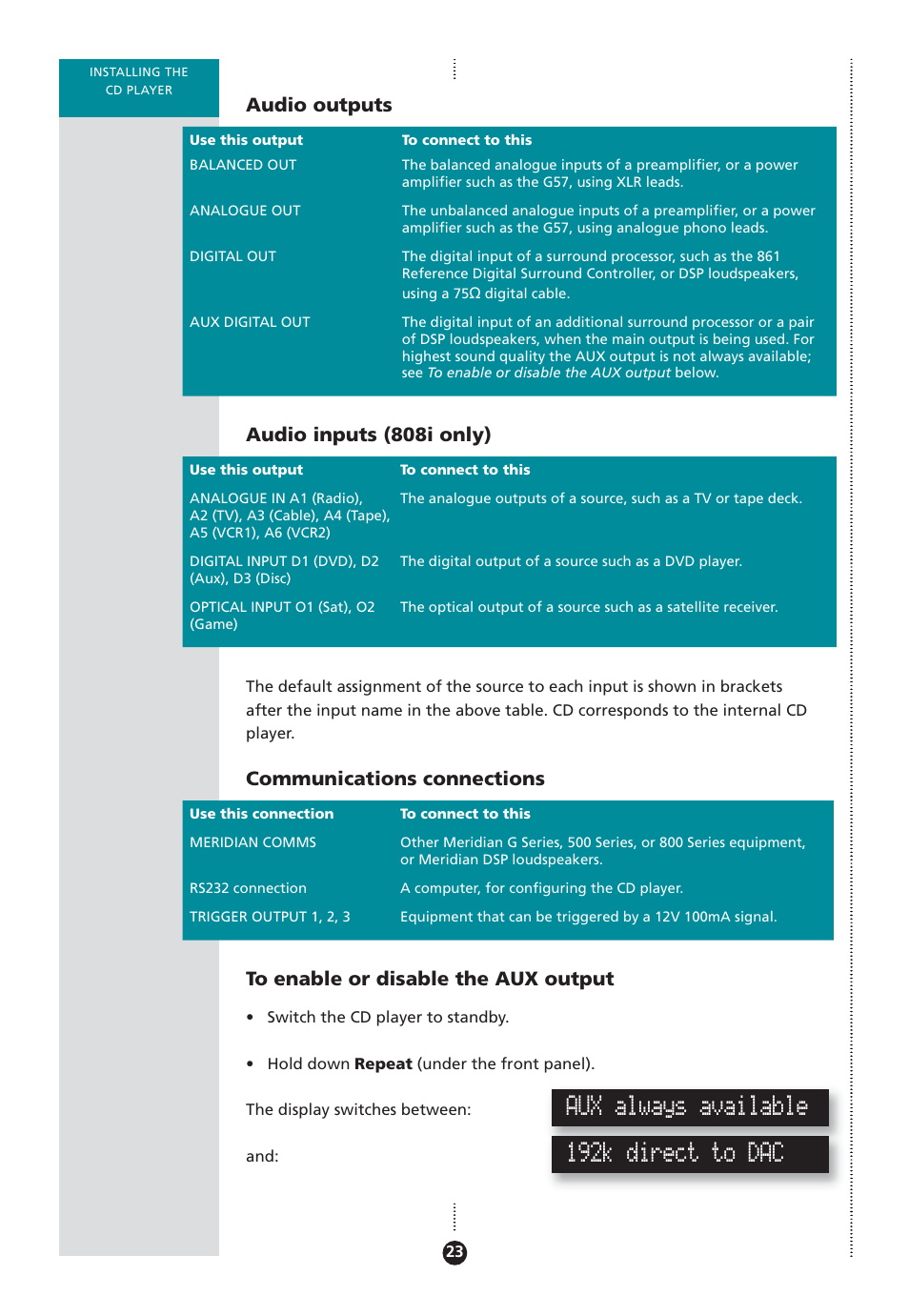 Enabling or disabling, Commes, connecting, Communications connections | Inputs, Outputs, Rs232 connection, Trigger outputs, Aux always available, 192k direct to dac, Audio outputs | Meridian Audio 808 User Manual | Page 28 / 43