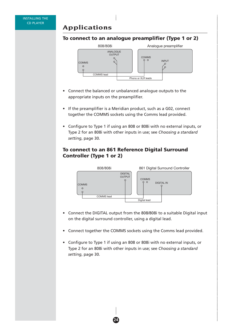 Applications, To an 861 reference digital surround controller, Applications 24 | Meridian Audio 808 User Manual | Page 29 / 43