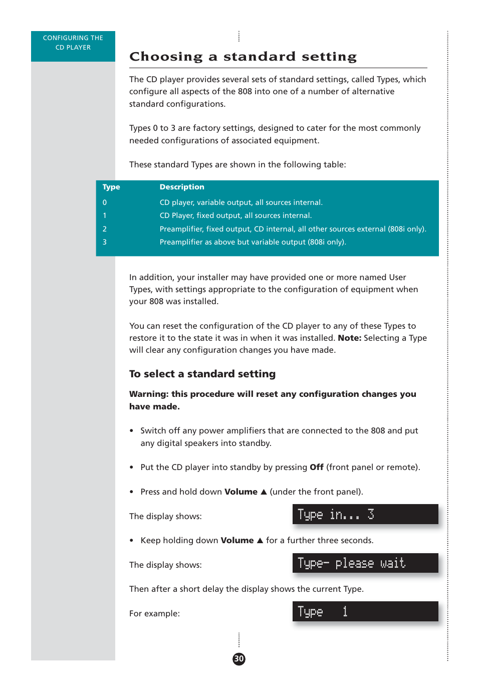 Choosing a standard setting, Standard settings, selecting, Types | Type in, Type- please wait, Type 1 | Meridian Audio 808 User Manual | Page 35 / 43