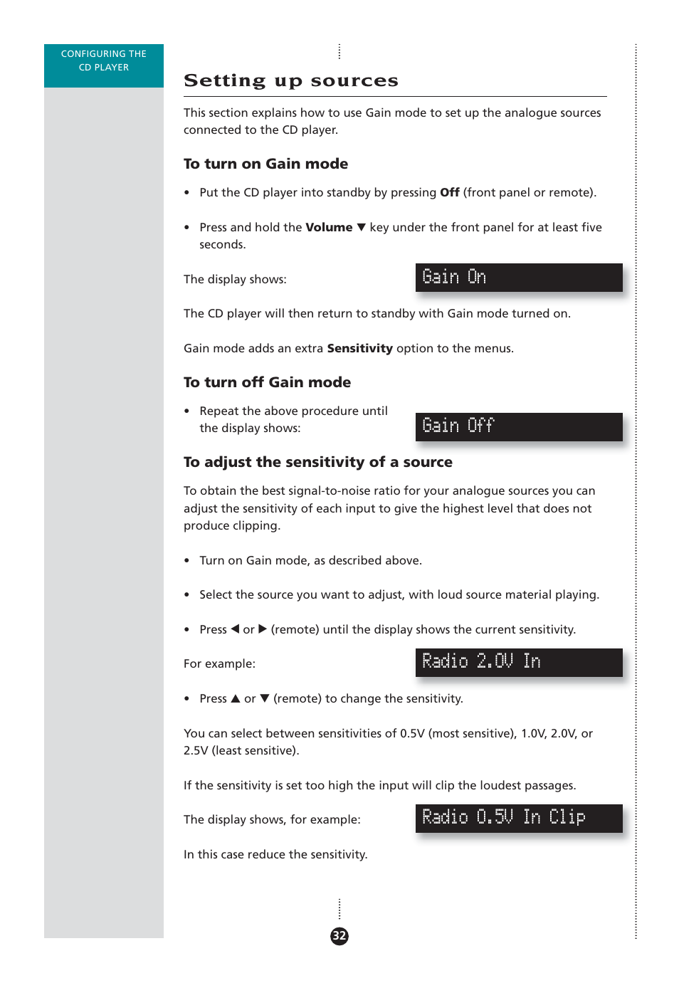 Setting up sources, Clip indicator, Gain mode | Adjusting sensitivity, Gain on, Gain off, Radio 2.0v in, Radio 0.5v in clip | Meridian Audio 808 User Manual | Page 37 / 43