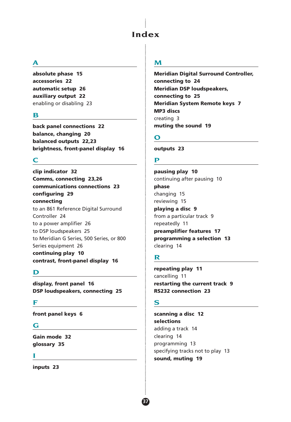 Index, Connecting, Phase | Index 37 | Meridian Audio 808 User Manual | Page 42 / 43
