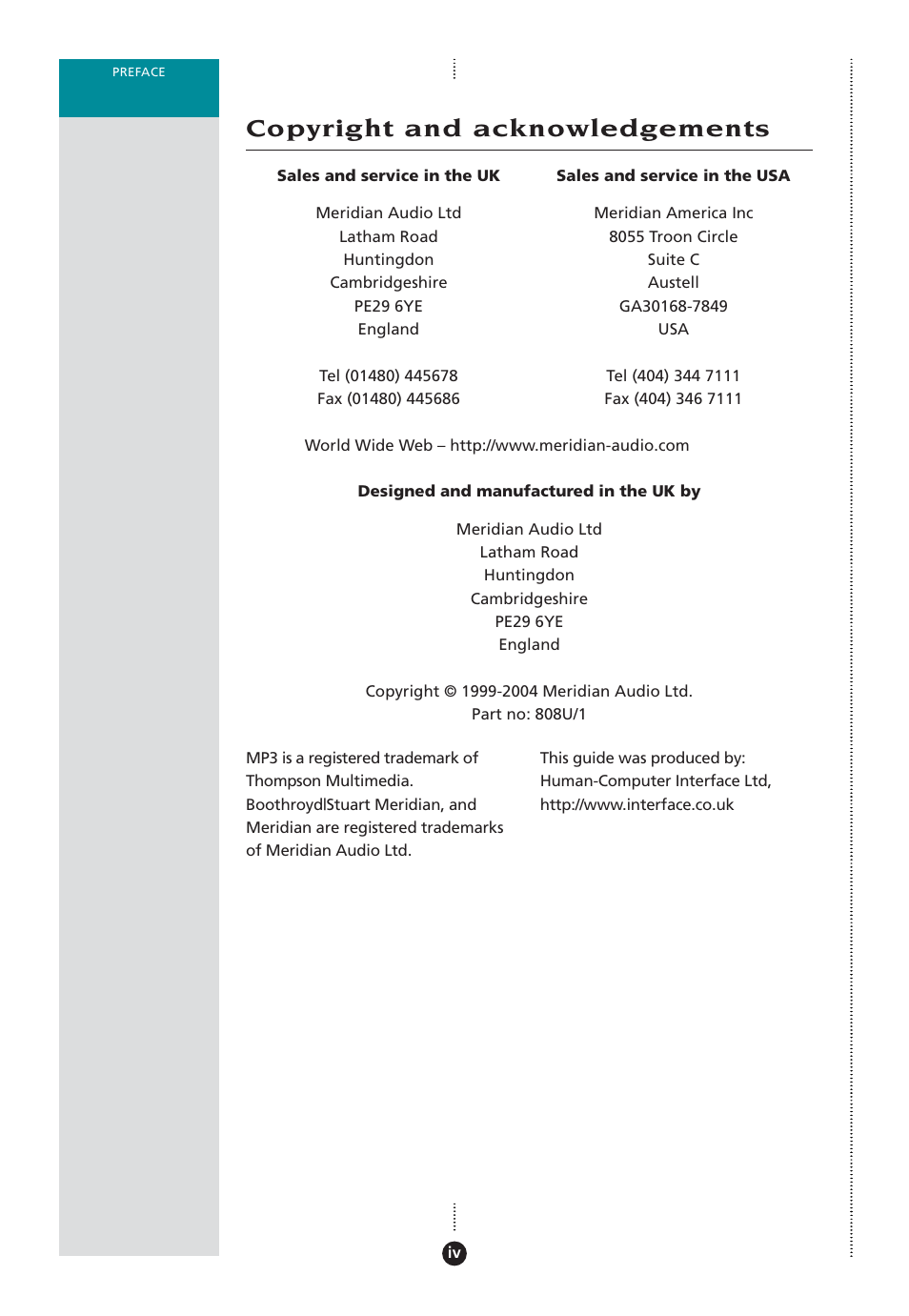 Copyright and acknowledgements | Meridian Audio 808 User Manual | Page 5 / 43
