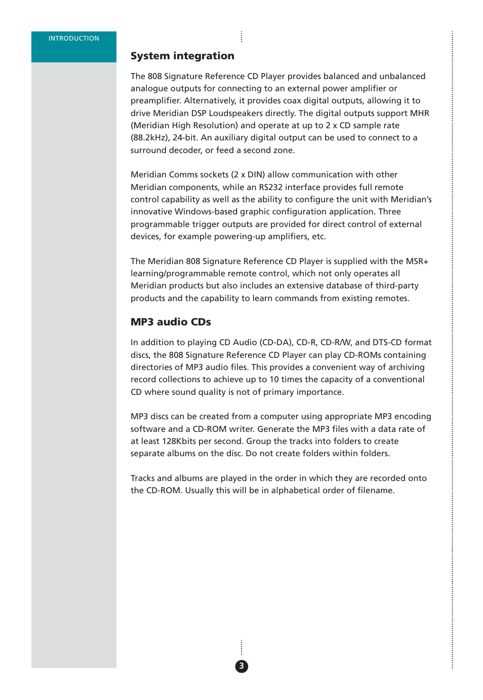 Mp3 discs, creating, System integration, Mp3 audio cds | Meridian Audio 808 User Manual | Page 8 / 43