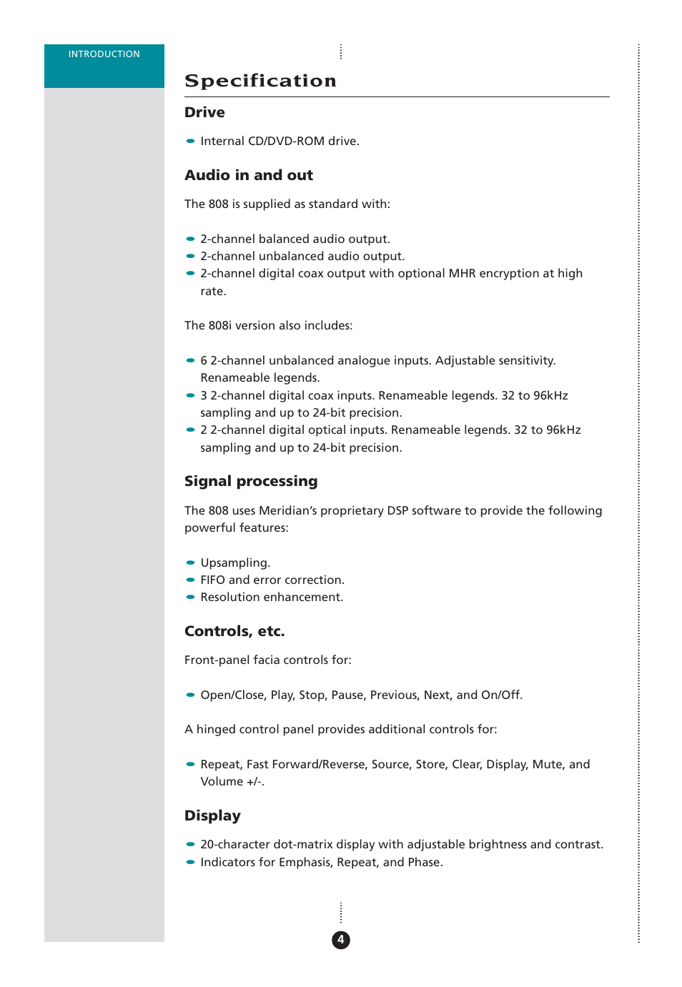 Specification | Meridian Audio 808 User Manual | Page 9 / 43
