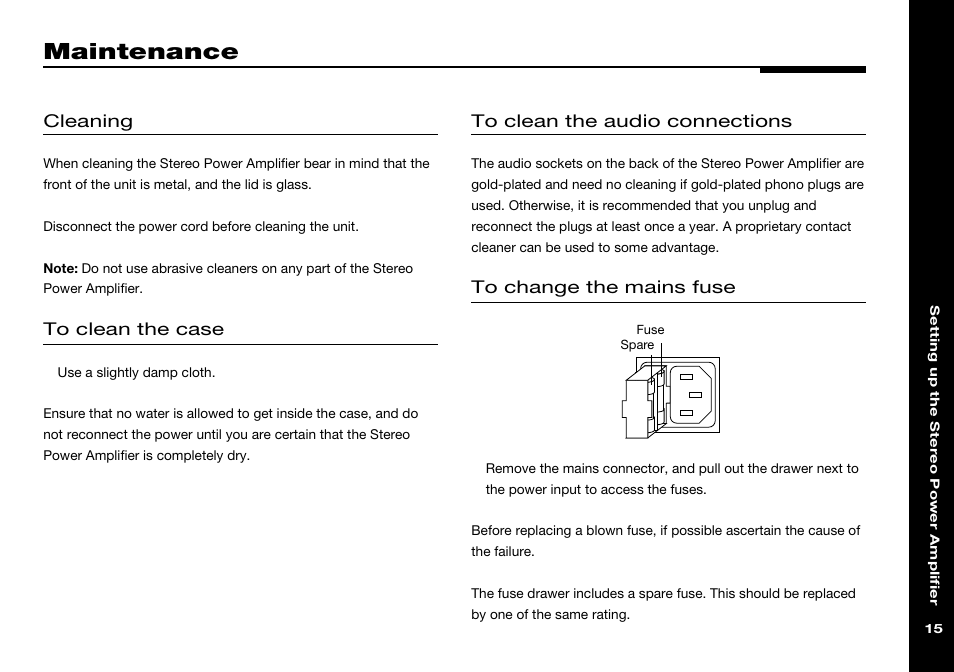 Maintenance, The audio connections, The case | Fuse, replacing | Meridian Audio 557 User Manual | Page 19 / 22