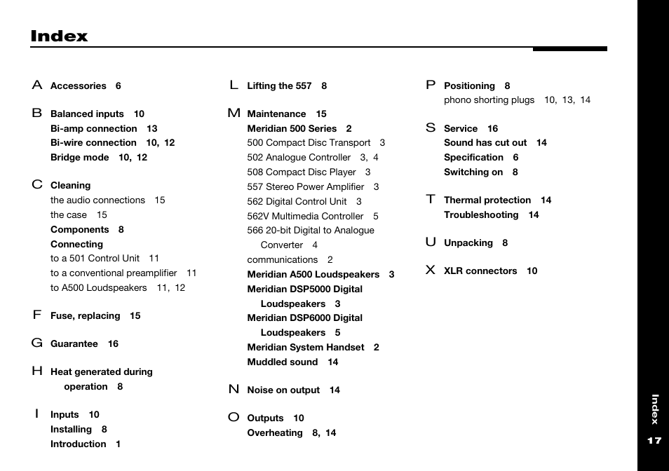 Index, Cleaning, Connecting | Meridian Audio 557 User Manual | Page 21 / 22