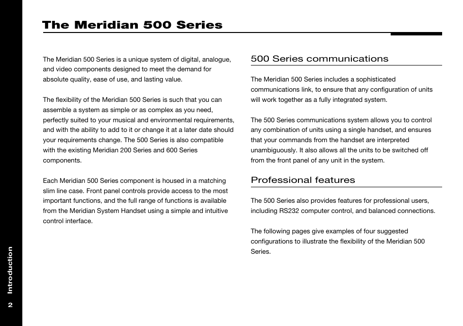 The meridian 500 series, Meridian 500 series, Communications | Meridian system handset, 500 series communications, Professional features | Meridian Audio 557 User Manual | Page 6 / 22