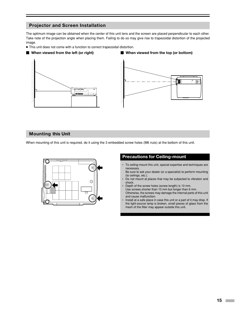 15 projector and screen installation, Mounting this unit, Precautions for ceiling-mount | Meridian Audio DILA1080pHD User Manual | Page 15 / 40