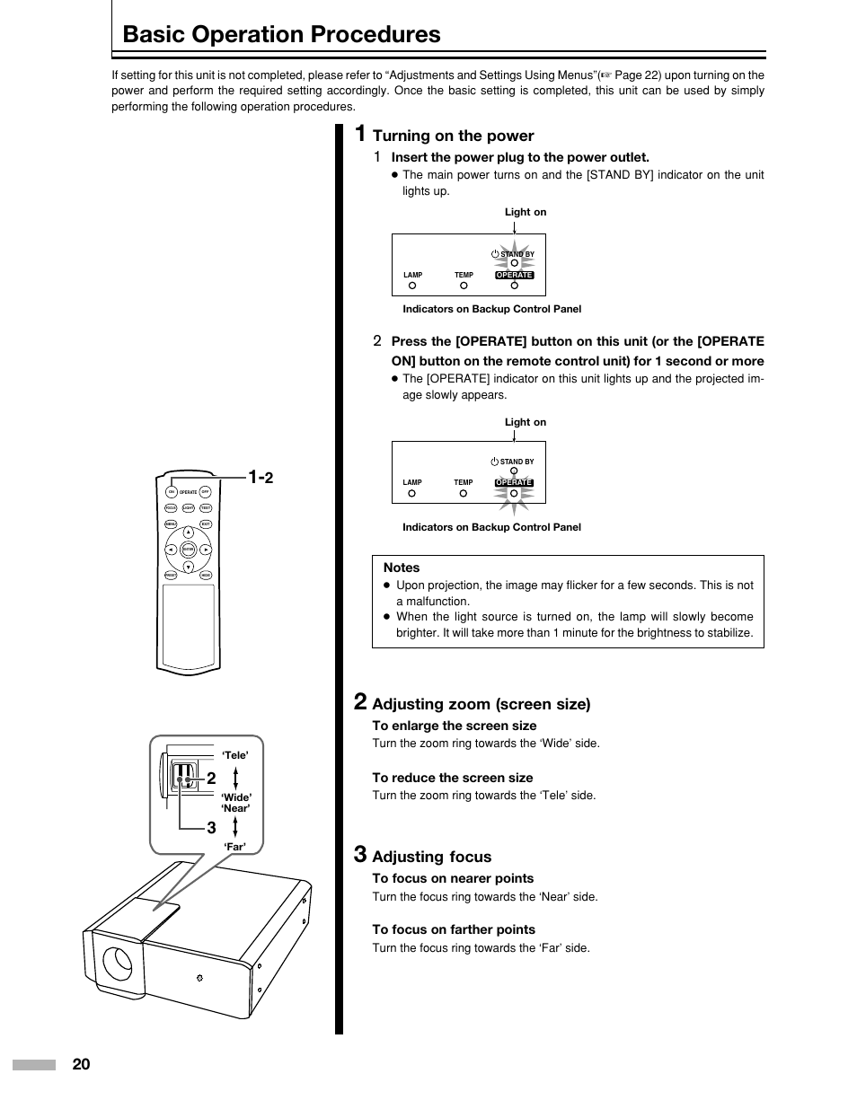 Basic operation procedures, Adjusting zoom (screen size), Adjusting focus | Turning on the power 1 | Meridian Audio DILA1080pHD User Manual | Page 20 / 40