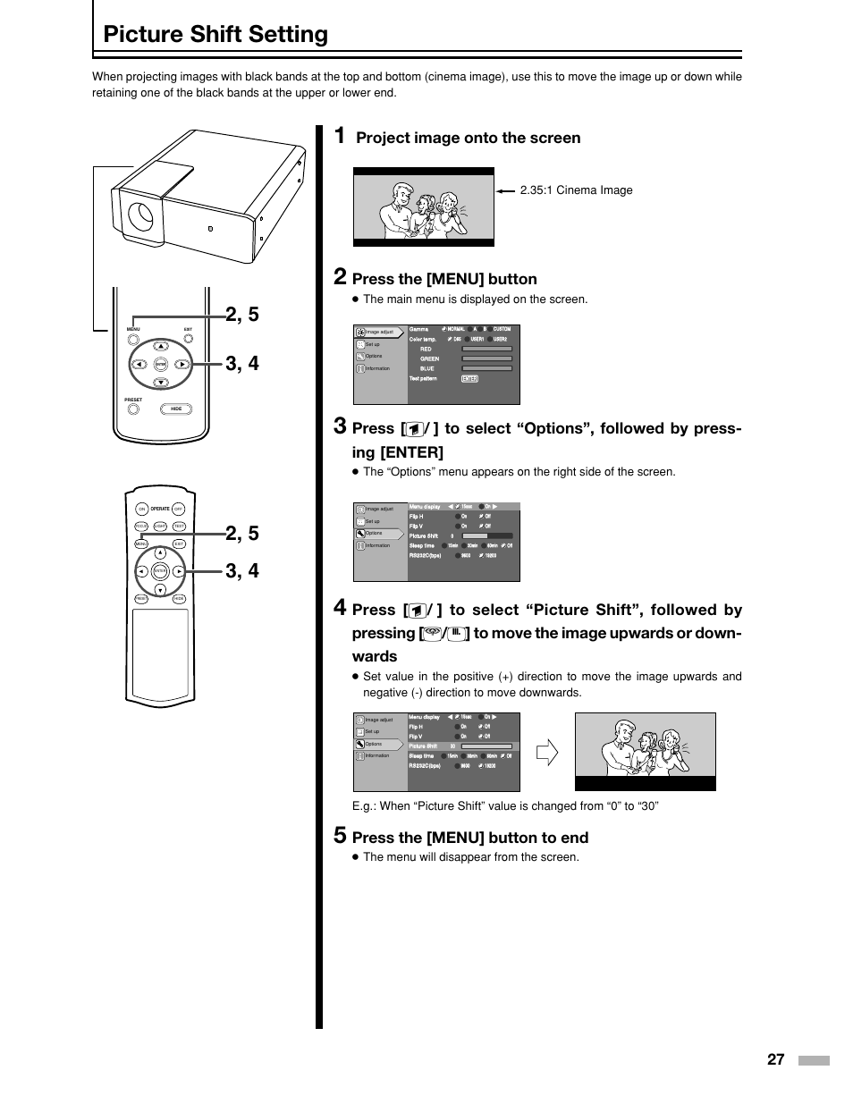Picture shift setting, Project image onto the screen, Press the [menu] button | Press the [menu] button to end, The main menu is displayed on the screen | Meridian Audio DILA1080pHD User Manual | Page 27 / 40