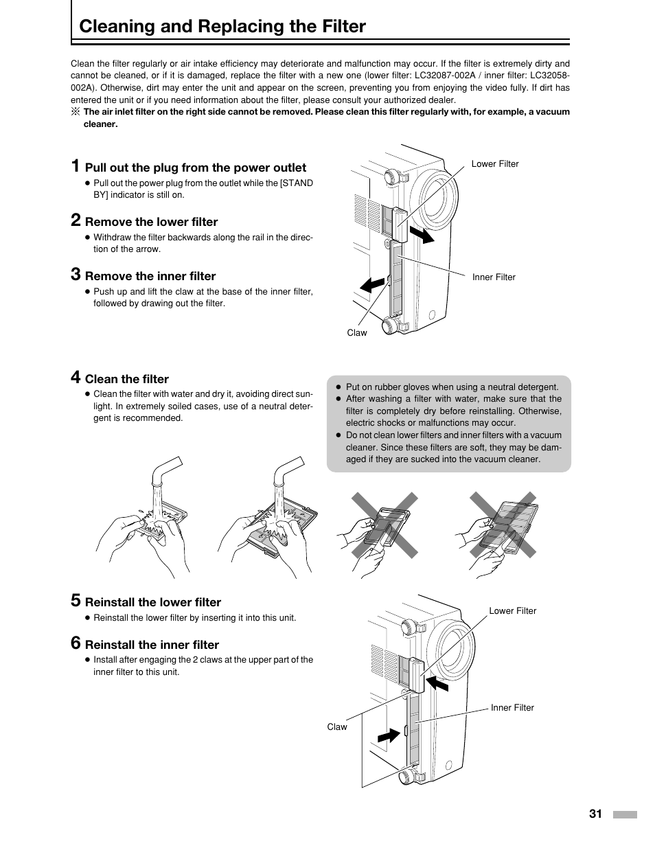 Cleaning and replacing the filter | Meridian Audio DILA1080pHD User Manual | Page 31 / 40
