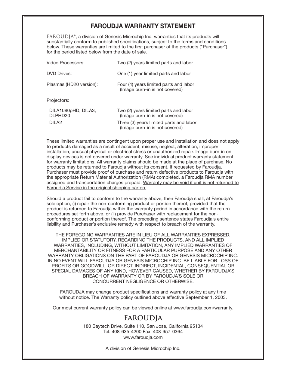 Faroudja warranty statement, Faroudja | Meridian Audio DILA1080pHD User Manual | Page 40 / 40