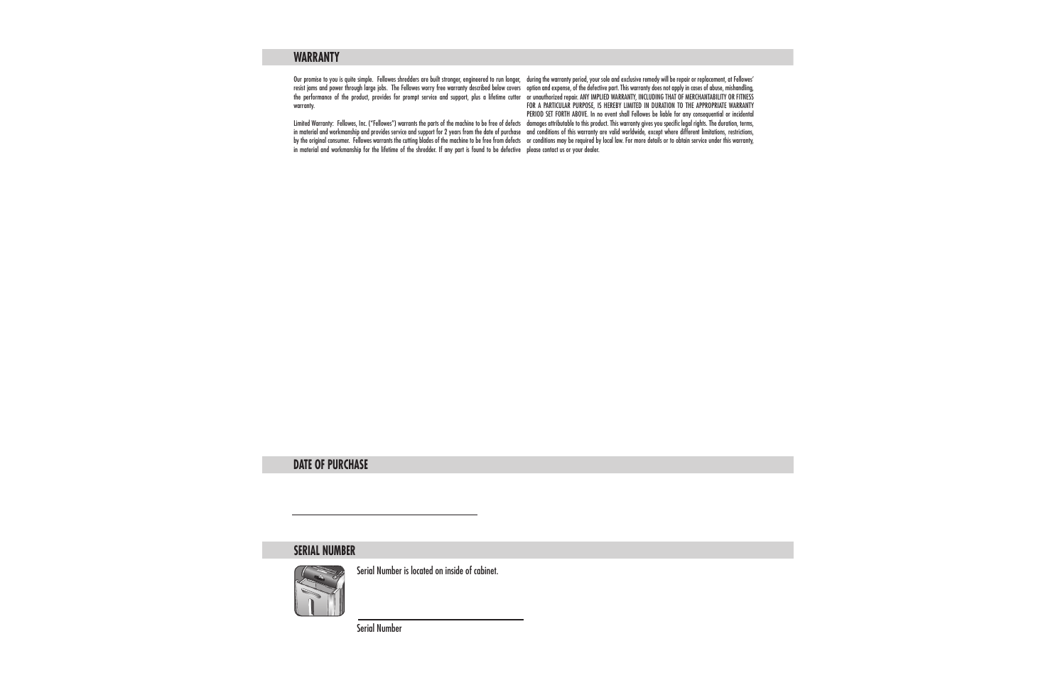 Warranty, Date of purchase serial number | FELLOWES DS-12Ci User Manual | Page 2 / 5