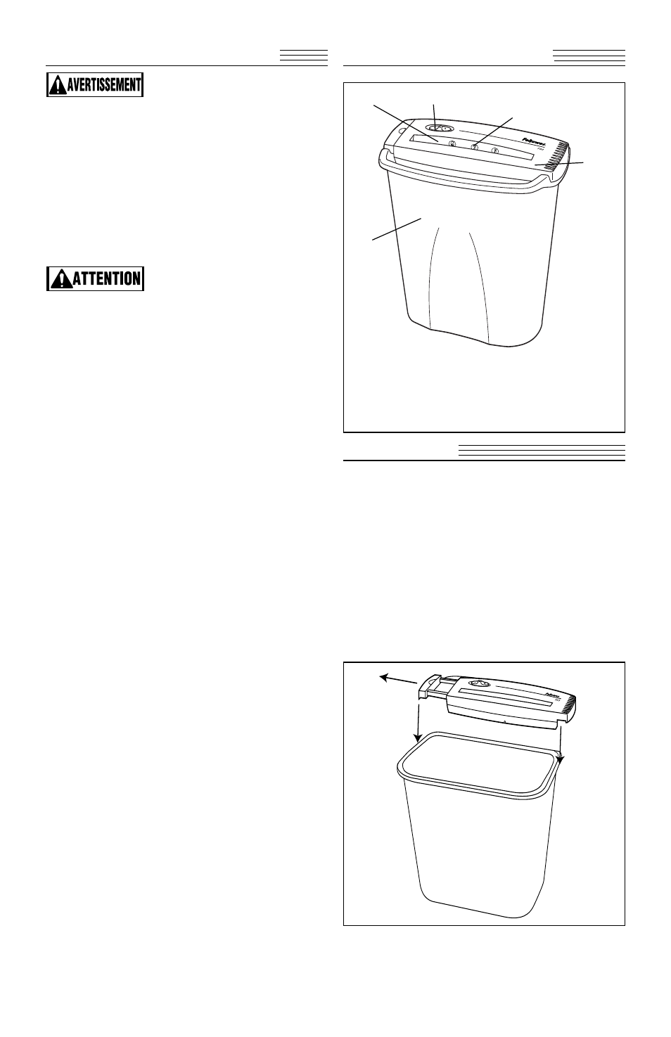 Précautions importantes, Pièces du destructeur assemblage | FELLOWES P-5+ User Manual | Page 6 / 12