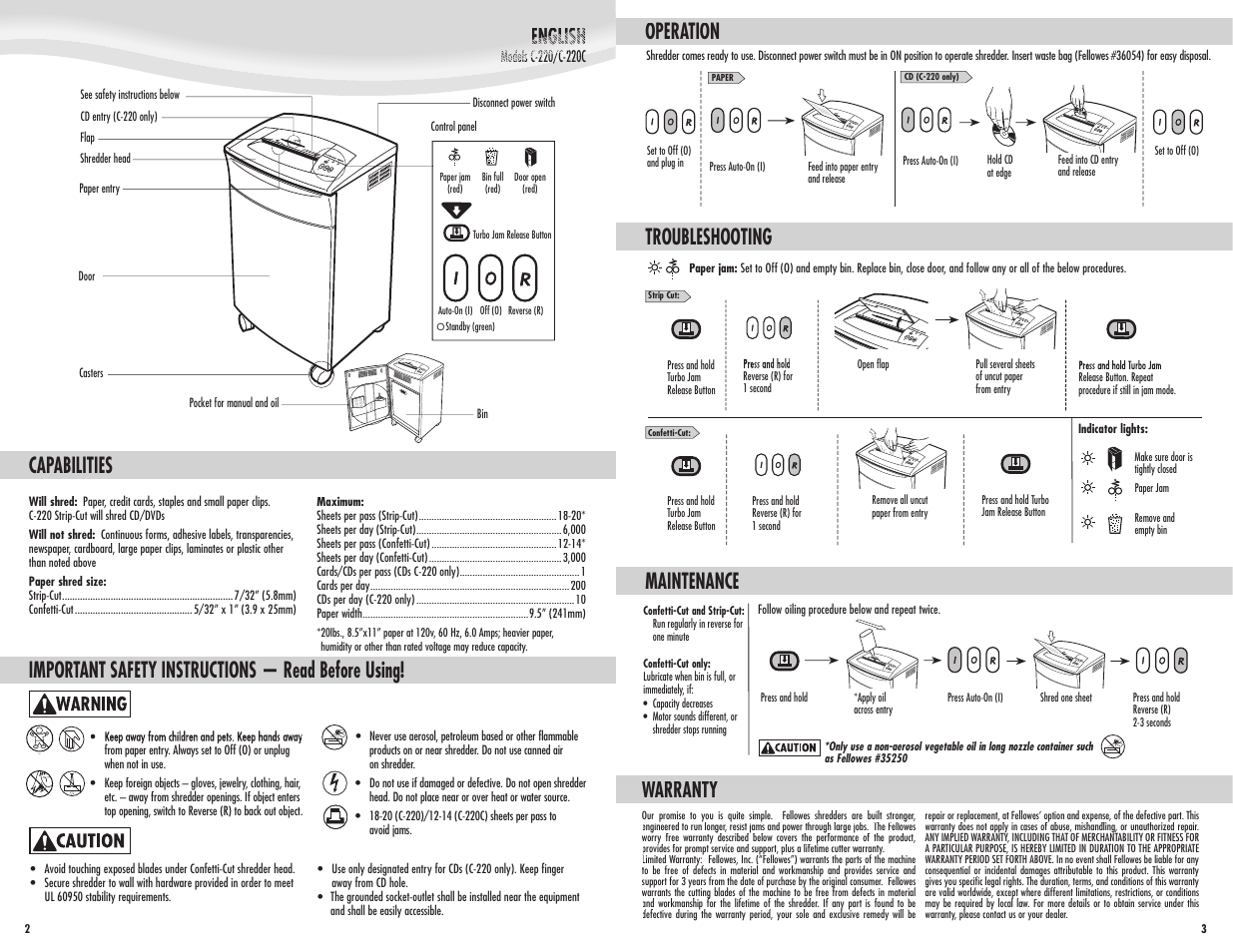 English, Capabilities, Important safety instructions — read before using | Operation, Warranty, Maintenance, Troubleshooting | FELLOWES C-220C User Manual | Page 2 / 2