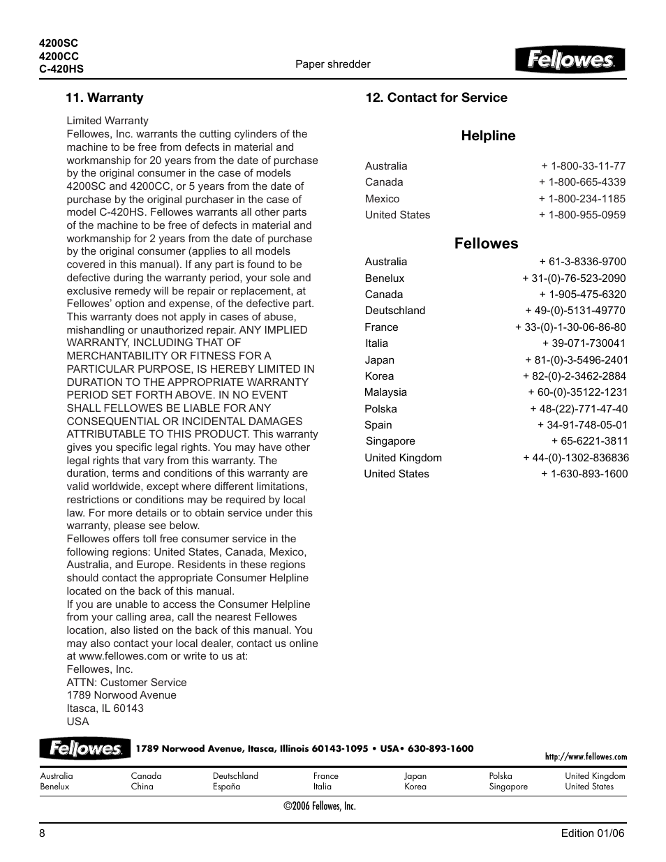 Helpline, Fellowes | FELLOWES 4200SC User Manual | Page 8 / 8