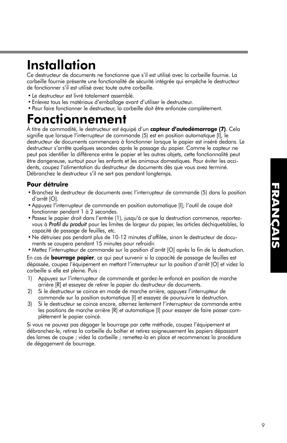 Installation, Fonctionnement, Français | FELLOWES PS-62C User Manual | Page 10 / 21