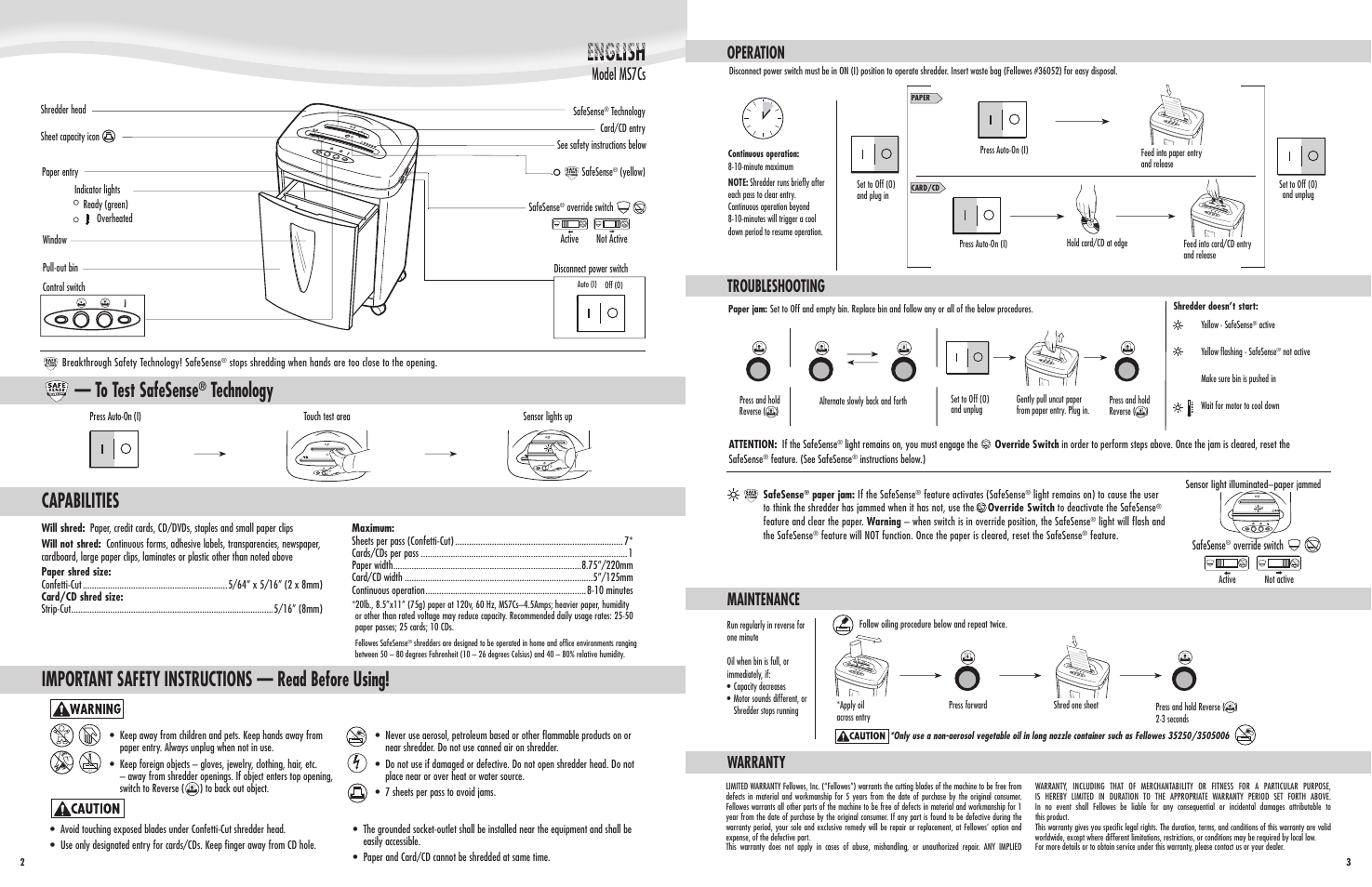 Model ms7cs model ms7c, Operation troubleshooting maintenance, Warranty | FELLOWES MS7CS User Manual | Page 2 / 4