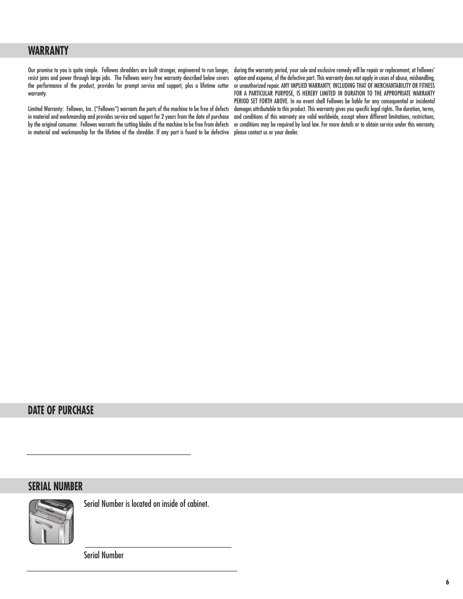 Warranty, Date of purchase serial number | FELLOWES SB-83I User Manual | Page 7 / 8