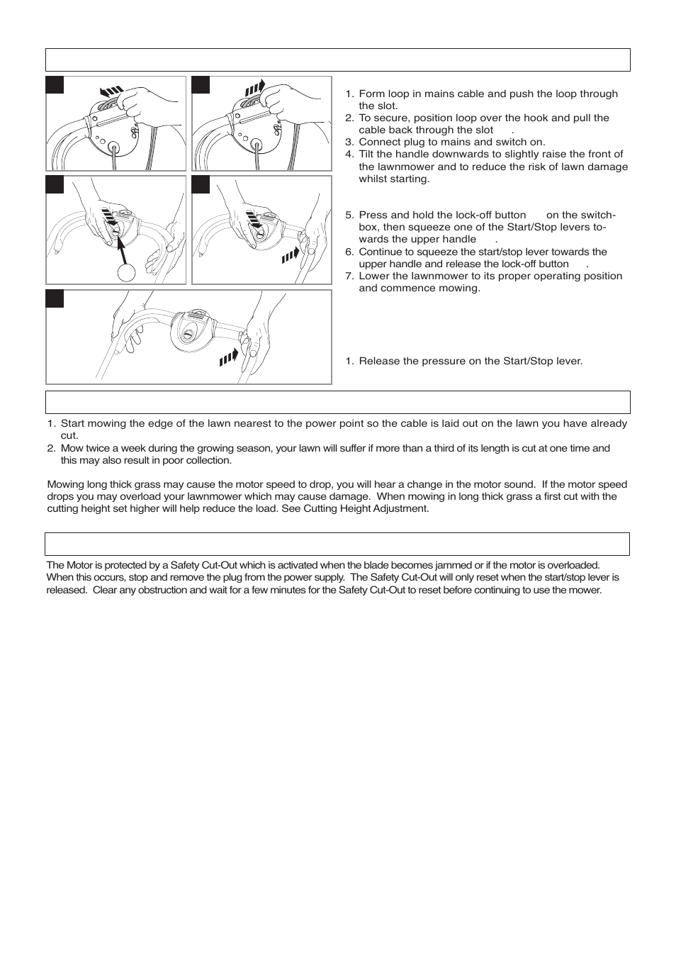 Mn r starting and stopping, How to mow, Safety cut-out | Flymo VENTURER 32 EM032 User Manual | Page 6 / 10