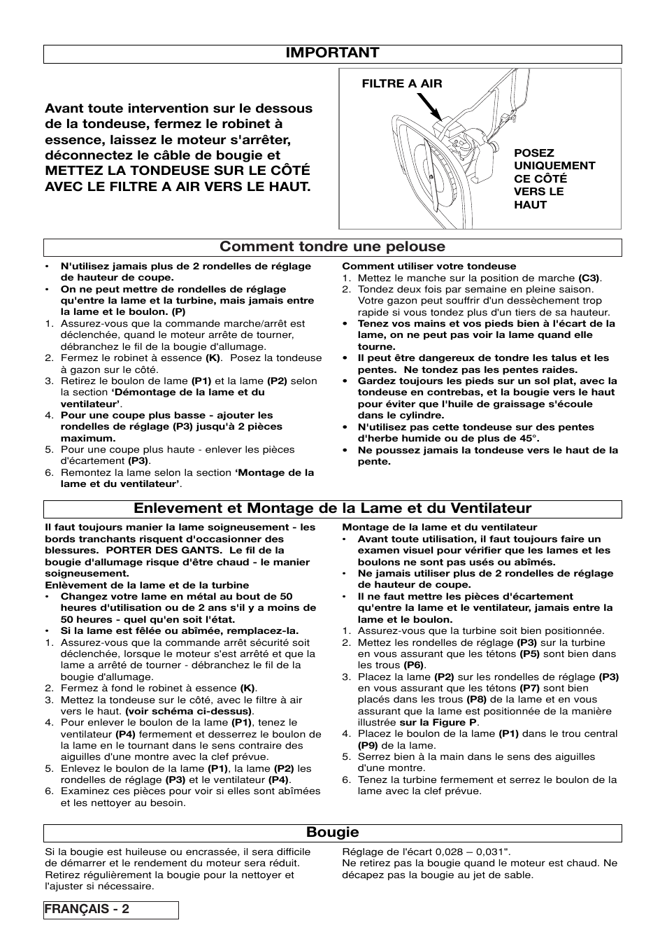 Comment tondre une pelouse, Enlevement et montage de la lame et du ventilateur, Important | Bougie, Français - 2 | Flymo XL550 User Manual | Page 12 / 40