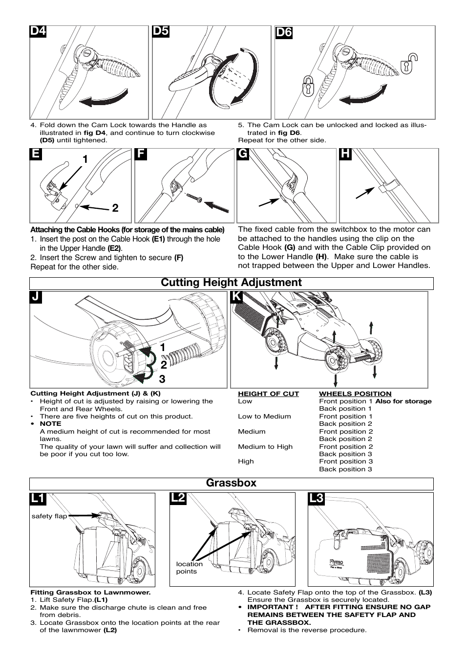 Cutting height adjustment, Grassbox, D4 d5 d6 | L2 e f l3, Gh l1, 12 grassbox | Flymo Pac a Mow User Manual | Page 5 / 9