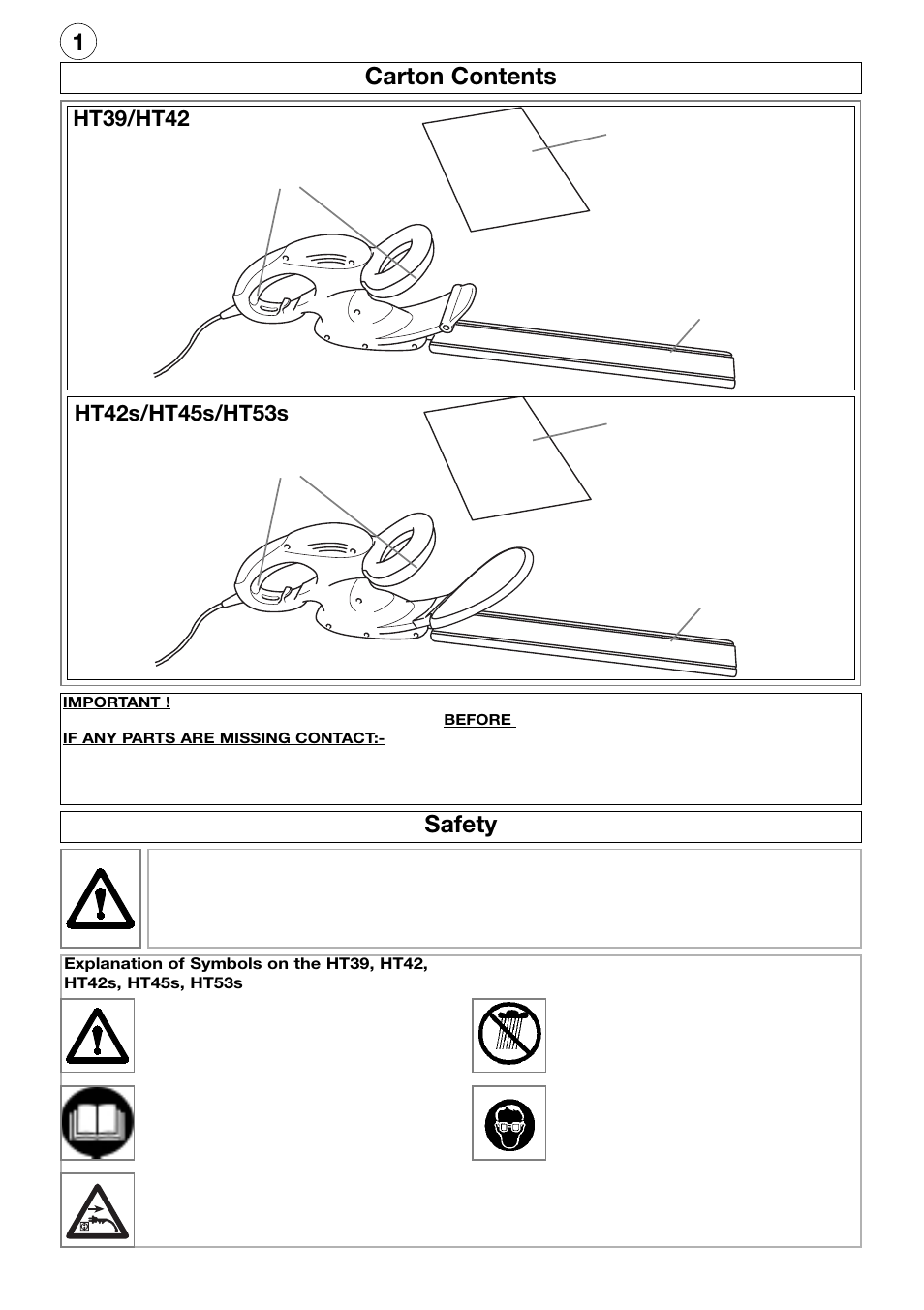 1carton contents, Safety | Flymo Electrolux HT53s User Manual | Page 2 / 8