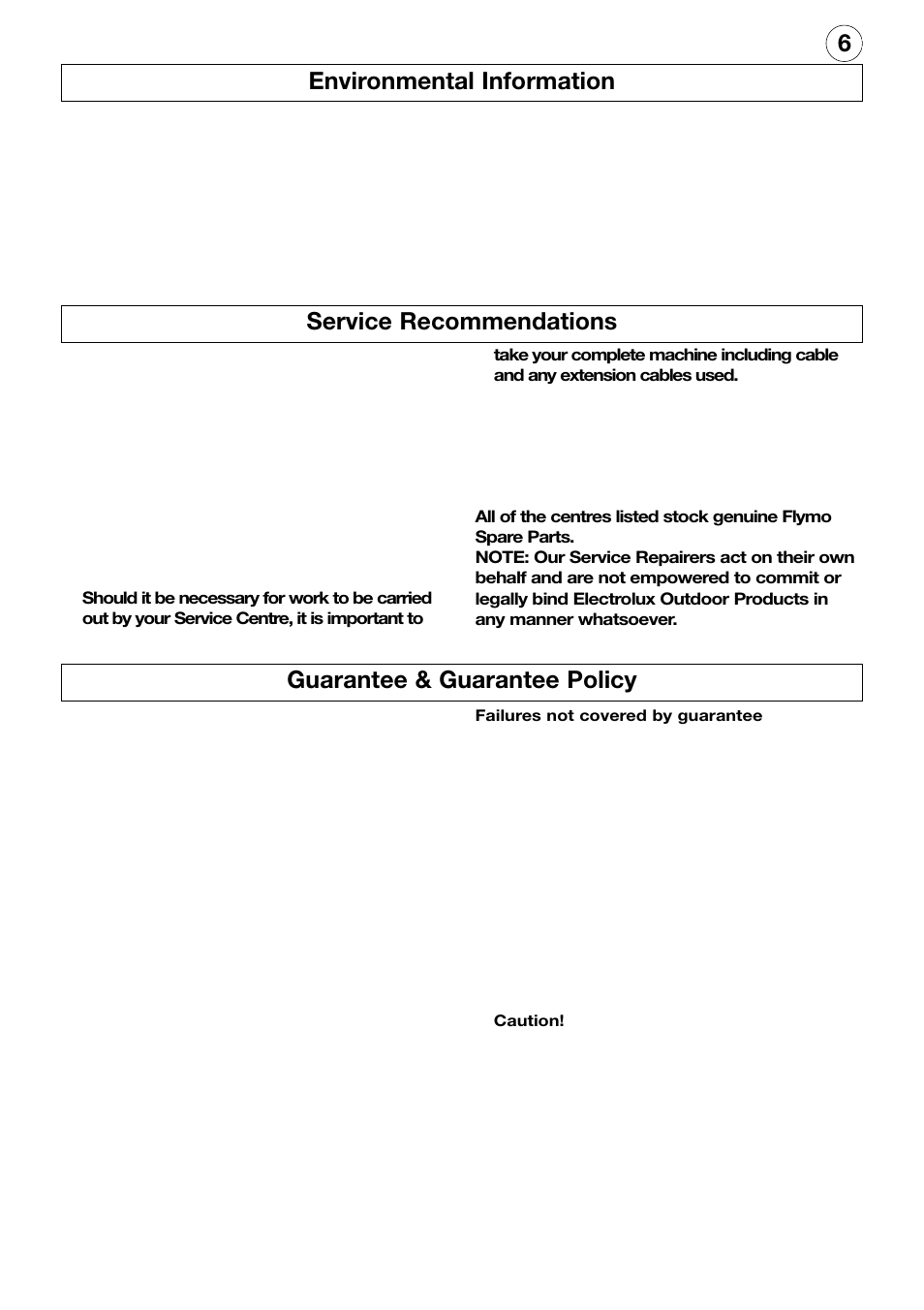 6environmental information, Service recommendations, Guarantee & guarantee policy | Flymo Electrolux HT53s User Manual | Page 7 / 8