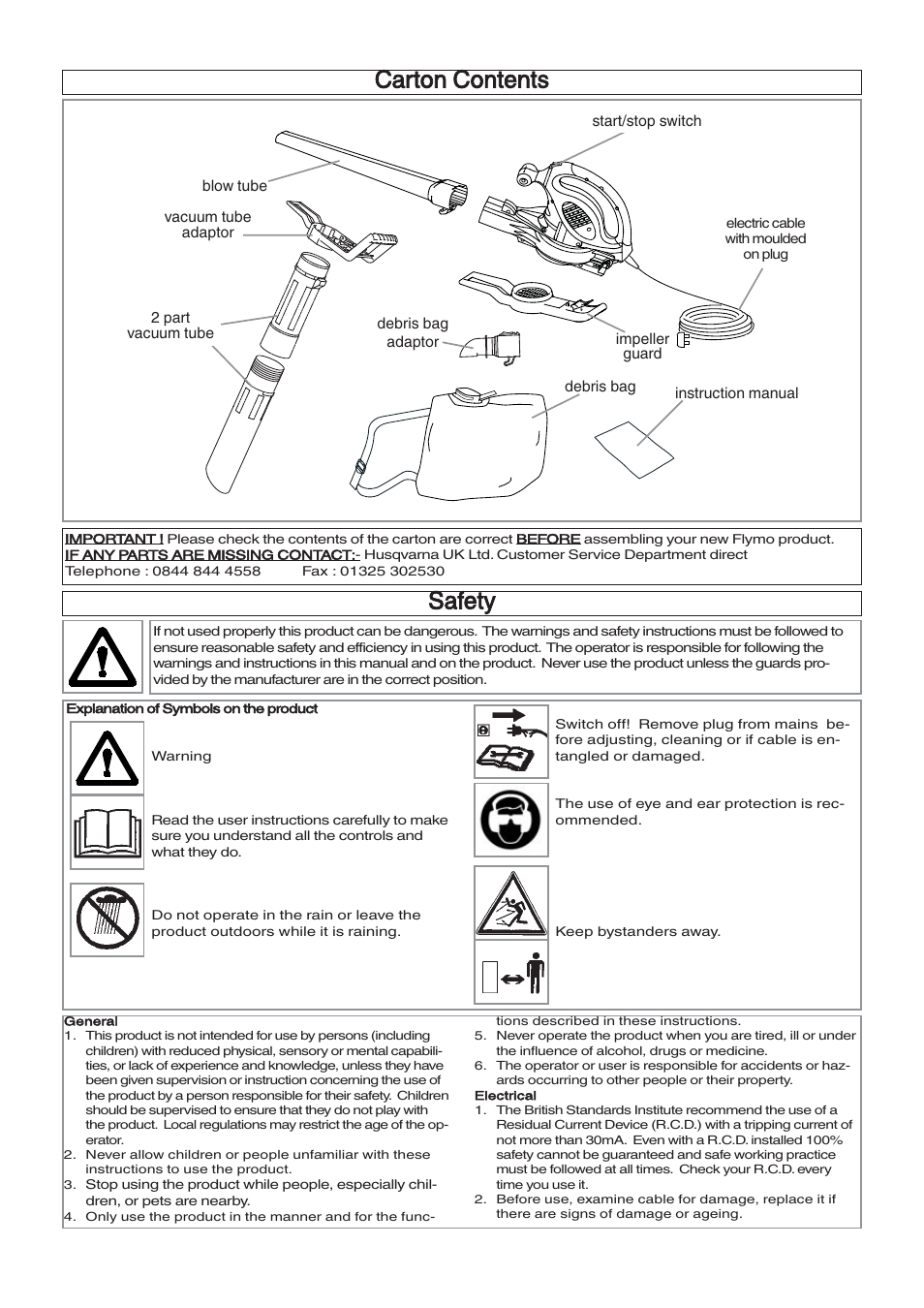 Carton contents, Safety | Flymo Twister 2000 User Manual | Page 2 / 8