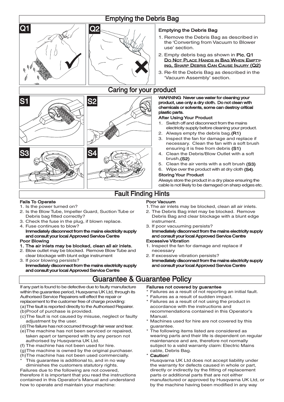 S1 s2 s4, S3 q2, Guarantee & guarantee policy | Fault finding hints, Emptying the debris bag, Caring for your product | Flymo Twister 2000 User Manual | Page 7 / 8